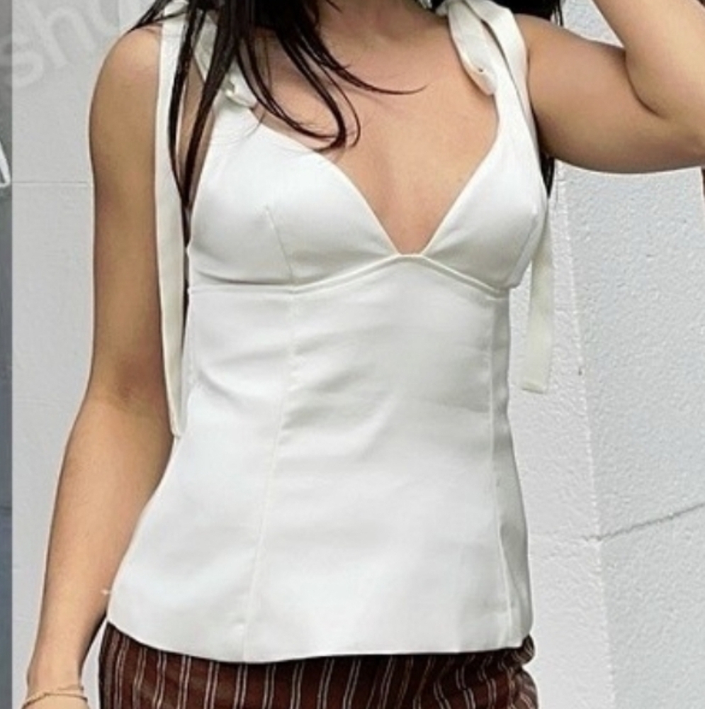 Women's ZARA‎ Beige Satin Corset Crop Top XL NWT Bow Straps Back Zip